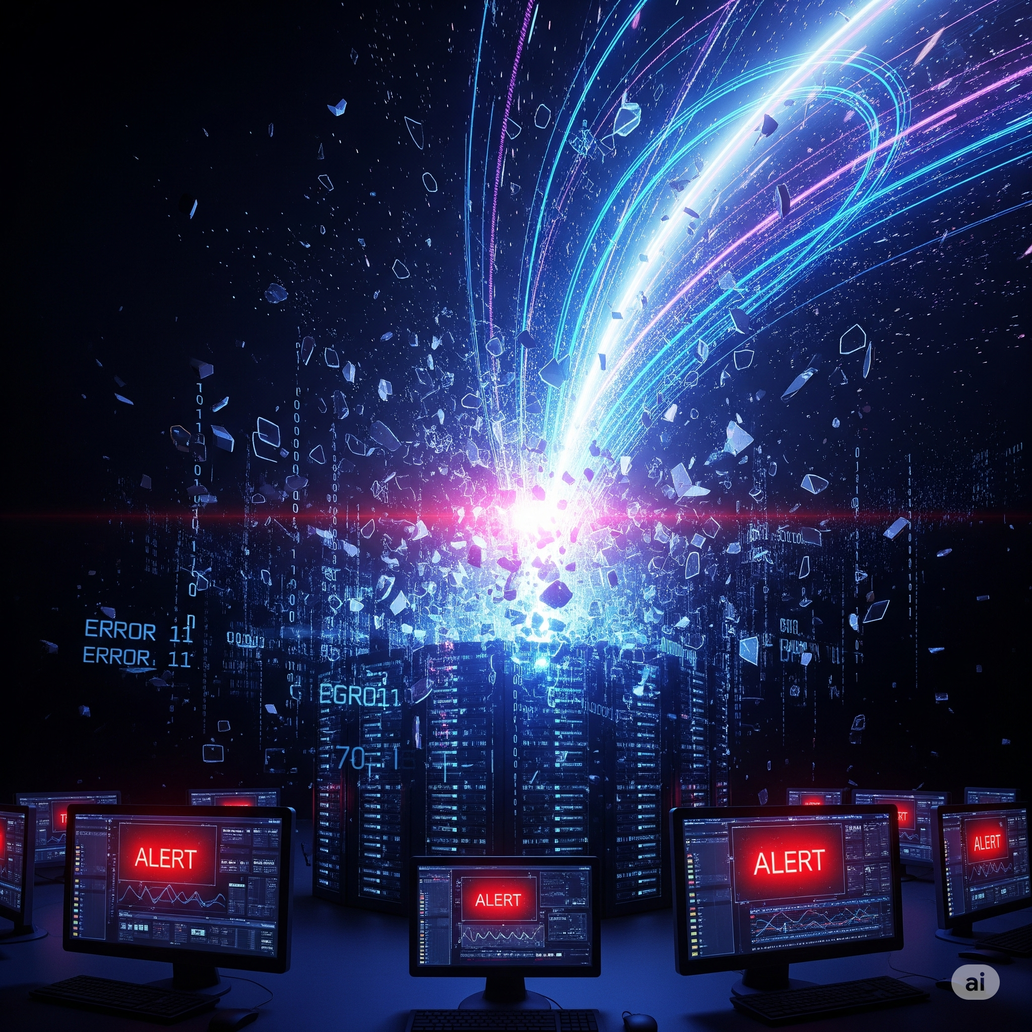 Computer screens showing a vulnerability alert data breach cybersecurity dashboard.