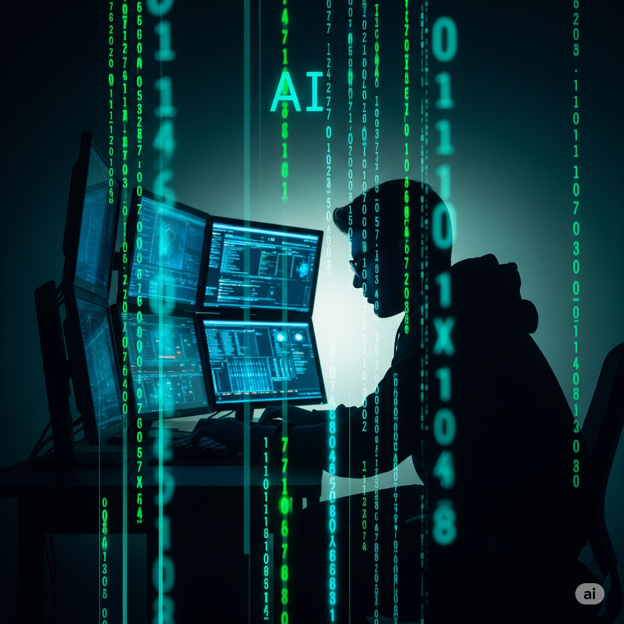 Silhouette of a hacker with glowing AI code in the background